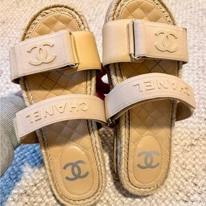 CHANEL Tan Quilted Slide Sandals